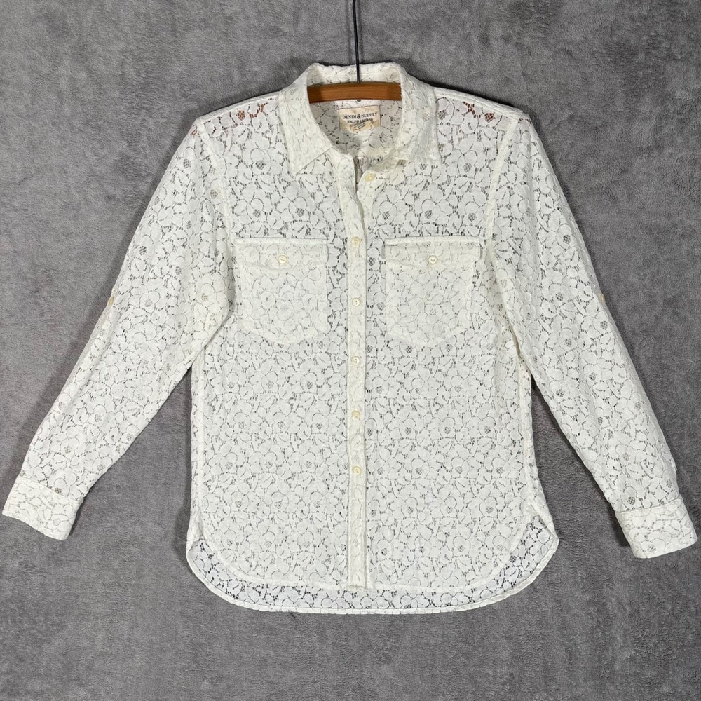 Denim & Supply Ralph Vtg Lauren Cream Floral Lace Button Up Shirt Small Boho Y2K